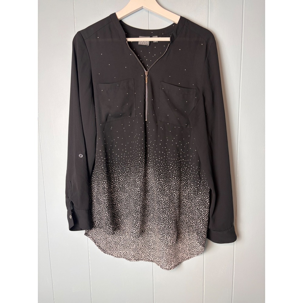 Soho New York & Company Black Ombre Polka Dot Zip Front Roll Tab‎ Blouse Medium